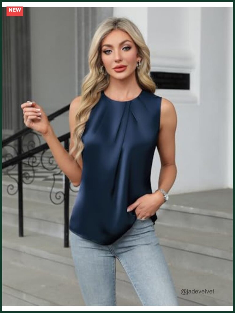 Satin Tank Top Blouse Business Casual Work Tops Pleated Crew Neck Sleeveless - Picture 2 of 6